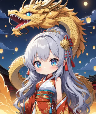 Chibi anime style, 4K, ultra detailed, 1 cute girl with long hair wearing a traditional Asian dress, medium breasts and detail eyes looking at viewers, Golden dragon in the background, more detail XL, SFW,  nighttime, moonlight, 