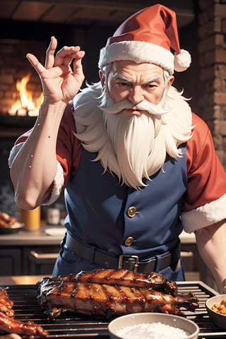((anime)), old Santa with white beard sprinkle salt on BBQ ribs, surprise expressions, dynamic angle, depth of field, detail XL,realistic,More Detail,SaltBaeMeme