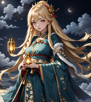 4K, ultra detailed, 1 blonde girl with long hair wearing a traditional Asian dress holding a lantern, large breasts and detail eyes looking at viewers, more detail XL, SFW,  nighttime, moonlight, ,winterhanfu,mythical clouds