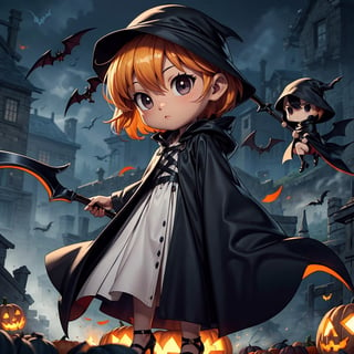 Photorealistic chibi art style, big detailed eyes, highly detailed, artistic, a sexy girl grim reaper wearing a cloak with high heels holding a scythe, following an old woman, misty, volumetric lighting, surrounding with skulls and pumpkins, windy, depth of field, dynamic angle, bats flying in the background, 2 girls, ,chibi,black_eyes