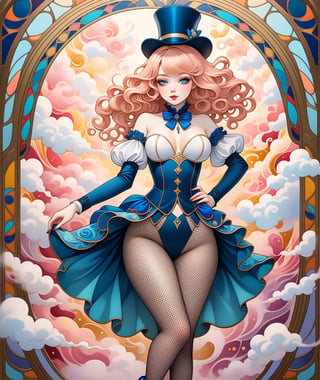 (Art Nouveau style), masterpiece, beautiful long peach hair curvy woman wearing magician assistant outfit with a small top hat, fishnet pantyhose and Stilettos high heels, large detailed blue eyes, more detail XL, ((SFW)), swirling color smoke,