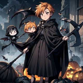 Full body, Photorealistic chibi art style, big detailed eyes, highly detailed, artistic, a sexy girl grim reaper wearing a cloak with high heels holding a scythe, misty, volumetric lighting, surrounding with skulls and pumpkins, windy, depth of field, dynamic angle, bats flying in the background, 2 girls, ,chibi,black_eyes