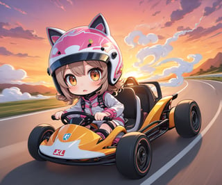 Masterpiece, chibi anime style, 4K, ultra detailed, ((solo)), full body, young girl with big detailed eyes, riding go kart in highway wearing kitty ear helmet, sunset, swirlling smoke, high speed motion, more detail XL, SFW,dal