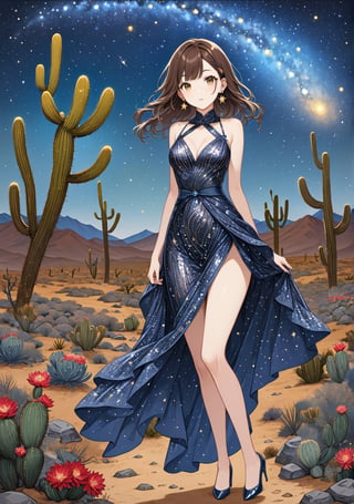 Masterpiece, 4K, ultra detailed, ((solo)), long wavy brown hair sexy woman wearing sparkly sequin dress and high heels, beautiful hazel color eyes, dangling earrings, in rocky desert cactus with flowers, epic starry night, more detail XL, SFW, depth of field, (ukiyoe art style),