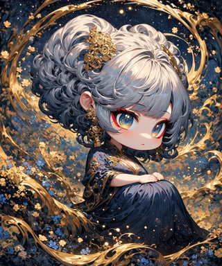 Masterpiece, 4K, ultra detailed, ((solo)), ((chibi)), anime impressionism art style, elegant mature woman with beautiful detailed eyes and glamorous makeup, long flowy gray hair, finely detailed earrings, sitting in a flowering forest,  swirling starry night, more detail XL, SFW, depth of field,kabuki