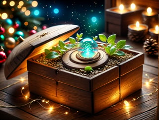 1 Glowing magical seed on a small wooden box, dynamic angle, depth of field, detail XL, Apoloniasxmasbox, realistic