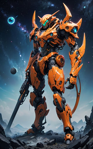 epic Masterpiece, anime style, space alien with Ridgid Mecha whips, glowing neon Cyclope eye, floating in asteroid field, more detail XL, SFW, TR mecha style