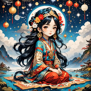 Masterpiece, 4K, ultra detailed, chibi anime style, busty ancient Inca woman sitting on a floating carpet, beautiful flawless face with great makeup, dangling earrings, colorful headpiece, epic starry night, windy, more detail XL, SFW, depth of field, (ukiyoe art style), Ink art,Deformed,masterpiece