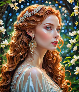 Masterpiece, 4K, ultra detailed, ((solo)), anime impressionism art style, elegant mature woman with beautiful detailed eyes and glamorous makeup, long wavy ginger hair, finely detailed earrings, hand over head, in a flowering forest,  swirling starry night, more detail XL, SFW, depth of field,