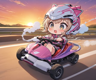 Masterpiece, chibi anime style, 4K, ultra detailed, ((solo)), full body, young girl with big detailed eyes, riding go kart in highway wearing kitty ear helmet, sunset, swirlling smoke, high speed motion, more detail XL, SFW,dal