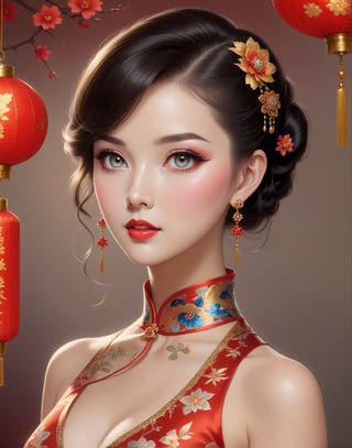 Masterpiece, 4K, ultra detailed, beautiful lady with glamorous makeup, beautiful bright eyes and  glossy lips, dangling crystal earrings, short Chinese cheongsam dress, SFW, beautypinupart