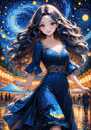 Masterpiece, 4K, ultra detailed, anime style, beautiful long flowy hair woman walking in amusement park wearing elegant satin dress, perfect makeup and smiliing, epic starry night, windy, more detail XL, SFW, depth of field, Ink art, 