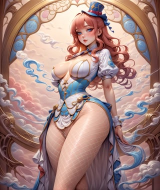 (Art Nouveau style), masterpiece, beautiful long peach hair curvy woman wearing magician assistant outfit with a small top hat, fishnet pantyhose and Stilettos high heels, large detailed blue eyes, more detail XL, ((SFW)), swirling color smoke,