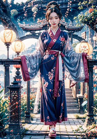 1 girl walking in a garden on a mountain, flowy short dress, lace, ornate details, big detailed eyes looking at viewers, hair ornament, floral arrangement, lanterns, 4k, windy, photorealistic, depth of field, highly detailed, full body portrait, ,quju,hanfu,shoes