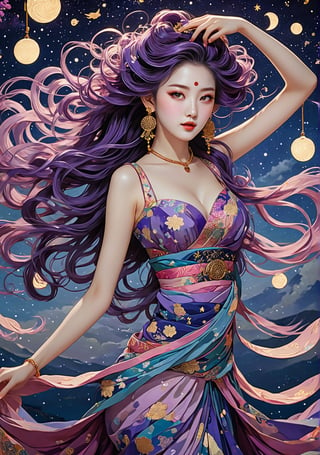 Masterpiece, 4K, ultra detailed, ((solo)), anime impressionism art style, busty woman with beautiful detailed eyes and glamorous makeup, long flowy purple hair, finely detailed earrings, dancing in a swirling starry night, moonlight, more detail XL, SFW, depth of field,ukiyoe,dunhuang