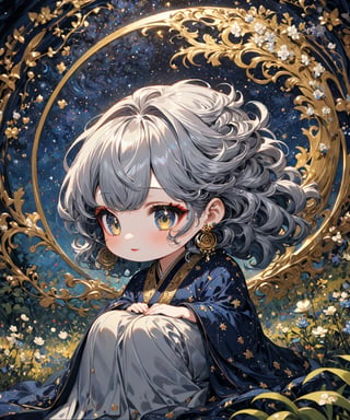 Masterpiece, 4K, ultra detailed, ((solo)), ((chibi)), anime impressionism art style, elegant mature woman with beautiful detailed eyes and glamorous makeup, long flowy gray hair, finely detailed earrings, sitting in a flowering forest,  swirling starry night, more detail XL, SFW, depth of field,kabuki