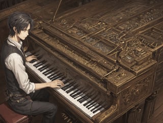 ((Anime)), sing me a song piano man, fingers on the piano keys, in a empty bar, more detail XL, SFW,steampunk style, closeup shot,