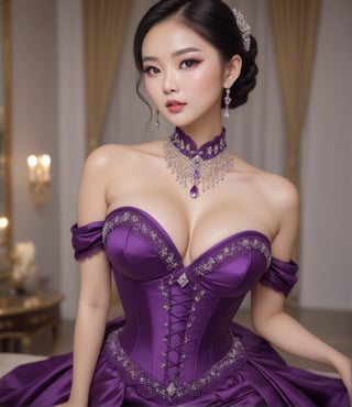 Masterpiece, 4K, ultra detailed, beautiful busty Asian lady with glamorous makeup, beautiful bright eyes and  glossy lips, dangling crystal earrings, tight corset, purple satin dress with lace trimming, depth of field, SFW,WEARING HAUTE_COUTURE DESIGNER DRESS