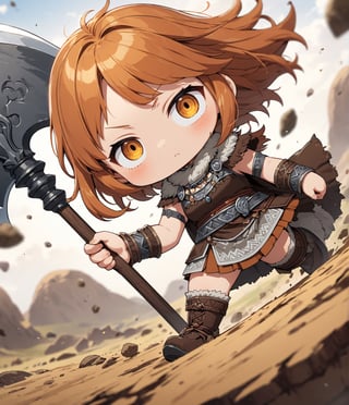 Masterpiece, 4K, ultra detailed, ((solo)), chibi anime style, viking woman with ginger hair, big detailed eyes, holding double sided battle axe, more detail XL, SFW, dynamic angle, depth of field,