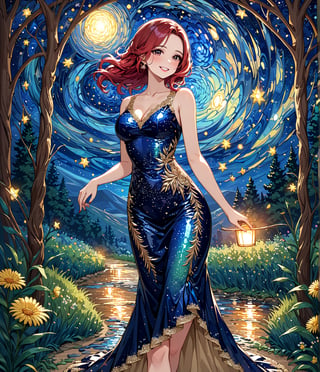 Masterpiece, 4K, ultra detailed, beautiful long hazel and red ombre hair mature woman, in a flowering forest pathway wearing short sequin dress with lace trimming, perfect makeup and smiling, epic starry night, more detail XL, SFW, depth of field, 