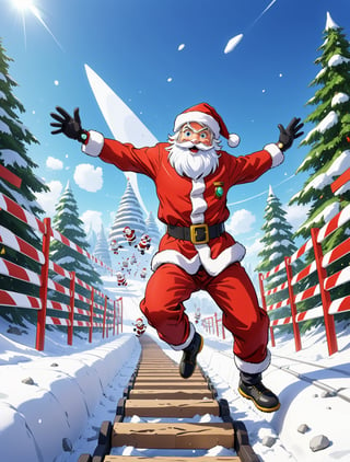 ((anime)), 1 Santa Claus training in obstacle course, Captain snowmen cheering, dynamic angle, SFW, solo,sci-fi,realistic, motion_lines