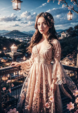 1 girl standing in a garden on a mountain, flowy long dress, lace, ornate details, big detailed eyes looking at viewers, hair ornament, floral arrangement, lanterns, 4k, windy, photorealistic, depth of field, highly detailed, full body portrait, LaceAI,Detailedface