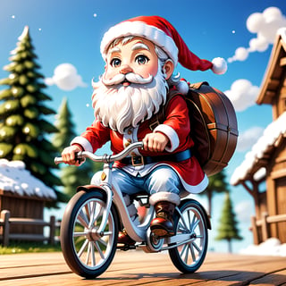 ((anime chibi style)), Santa Claus with white thick beard riding a vintage wooden bicycle, dynamic angle, depth of field, detail XL, ,(anime), TSHIRT DESIGN