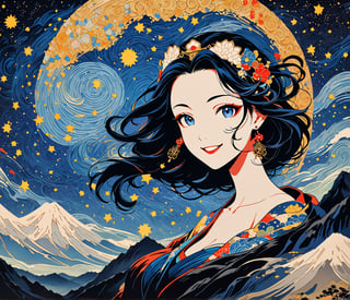 Masterpiece, 4K, ultra detailed, anime style, mature and elegant woman sitting on mountain top boulder, beautiful flawless face with great makeup smiling, dangling earrings, colorful headpiece, epic starry night, windy, more detail XL, SFW, depth of field, (ukiyoe art style),Ink art, closeup
