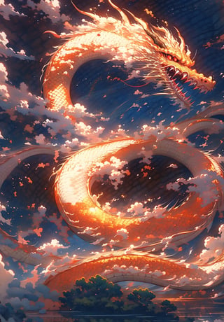 Stylized clouds, dragon, realistic eastern dragon, fangs, 3D shading, fire, flame, horns, no humans, open mouth, red eyes, sharp teeth, extremely fine details, simple landscape background, solo, teeth, water, waves, clean line art,long, t-shirt,