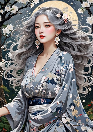 Masterpiece, 4K, ultra detailed, ((solo)), anime impressionism art style, elegant mature busty woman with beautiful detailed eyes and glamorous makeup, long flowy gray hair, finely detailed earrings, dancing in a flowering forest, swirling starry night, more detail XL, SFW, depth of field,ukiyoe