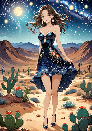 Masterpiece, 4K, ultra detailed, ((solo)), long wavy brown hair sexy woman wearing sparkly sequin dress and high heels, beautiful hazel color eyes, dangling earrings, in rocky desert cactus with flowers, epic starry night, more detail XL, SFW, depth of field, (ukiyoe art style),