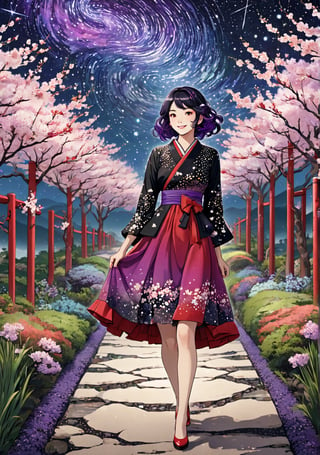 Masterpiece, 4K, ultra detailed, beautiful black and purple ombre hair mature woman walking in a flowering pathway wearing short sparkly red satin dress, perfect makeup and smiling, epic starry night, windy, more detail XL, SFW, depth of field, (ukiyoe art style),