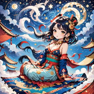 Masterpiece, 4K, ultra detailed, chibi anime style, busty ancient Inca woman sitting on a flying carpet, beautiful flawless face with great makeup, dangling earrings, colorful headpiece, epic starry night, windy, more detail XL, SFW, depth of field, (ukiyoe art style), Ink art,Deformed,masterpiece