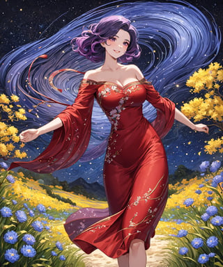 Masterpiece, 4K, ultra detailed, beautiful black and purple ombre hair mature woman walking in a flowering pathway wearing short sparkly red satin dress, perfect makeup and smiliing, epic starry night, windy, more detail XL, SFW, depth of field, (ukiyoe art style),