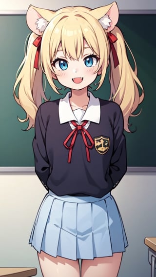 (masterpiece, best quality), 1girl, detailed face, detailed eyes, blonde hair, long twintail with red ribbon, blue eyes, smile, mouse open, cute fangs, cat ears, school uniform, standing, in front of the blackboard, school classroom, arms behind back