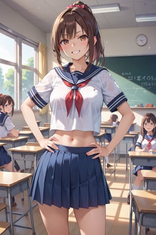 1girl, score_9, score_8_up, score_7_up, masterpiece, absurdres, 1girl, brown hair, ponytail, sailor collar, school uniform, standing, open stance, hands on hip, embarrassed smile, at classroom, in front of blackboard, in front of crowd, view from front, bokeh