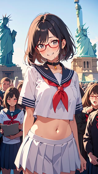 (masterpiece), (best quality), (ultra-detailed), beautiful mature female, detailed eyes, black hair, okappa, forehead, glasses, blush, (embarrassed smile), cute fangs, mouth_open, collar, (sailor costume, school uniform), navel, (in front of Statue of Liberty), (in front of crowd), bokeh