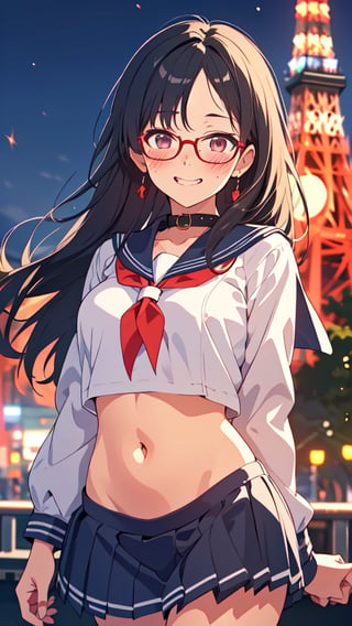 (masterpiece), (best quality), (ultra-detailed), beautiful mature female, detailed eyes, black hair, okappa, forehead, glasses, blush, (embarrassed smile), cute fangs, mouth_open, collar, (sailor costume, school uniform), navel, (in front of Tokyo Tower), (in front of crowd), bokeh