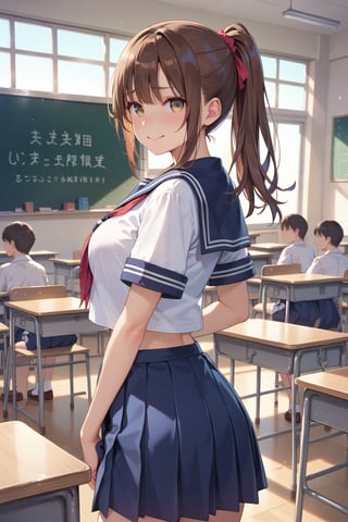 1girl, score_9, score_8_up, score_7_up, masterpiece, absurdres, 1girl, brown hair, ponytail, sailor collar, school uniform, standing, embarrassed smile, at classroom, in front of blackboard, in front of crowd, view from front, bokeh