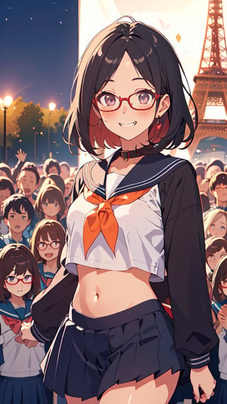 (masterpiece), (best quality), (ultra-detailed), beautiful mature female, detailed eyes, black hair, okappa, forehead, glasses, blush, (embarrassed smile), cute fangs, mouth_open, collar, (sailor costume, school uniform), navel, (in front of Eiffel Tower), (in front of crowd), bokeh