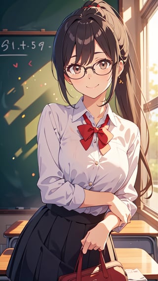 (masterpiece, best quality), young female, detailed face, detailed eyes, black hair, ponytail, brown eyes, glasses, smile, mouth open, school uniform, leaning against the blackboard, in front of the blackboard, school classroom, cowboy shot, bokeh