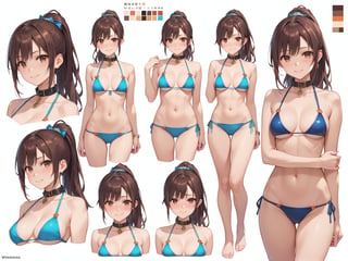 1girl, score_9, score_8_up, score_7_up, masterpiece, absurdres, brunette, brown eyes, ponytail, collar, bikini, embarrassed smile, character sheet