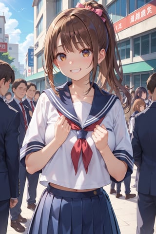 1girl, score_9, score_8_up, score_7_up, masterpiece, absurdres, 1girl, brown hair, ponytail, sailor collar, school uniform, standing, embarrassed smile, at school, in front of school gate, in front of crowd, view from front, bokeh
