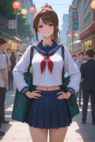 1girl, score_9, score_8_up, score_7_up, masterpiece, absurdres, 1girl, brown hair, ponytail, sailor collar, school uniform, standing, open stance, hands on hip, embarrassed smile, on the street, in front of crowd, view from front, bokeh