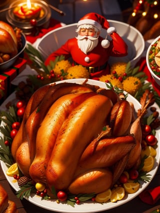 (masterpiece), (best quality), (ultra-detailed), ((Santa Claus with cute girls attending him)), (Gifts just come so easy), (((roasted turkey:1.5))), (((Tasty Food))), overexposure, bokeh