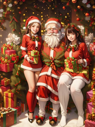 (masterpiece), (best quality), (ultra-detailed), ((Santa Claus with cute girls attending him:1.5)), (Gifts just come so easy), (((Santa's sleigh:1.5))), (((Mythical Gifts))), overexposure, bokeh
