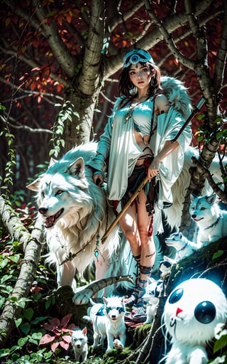1girl, solo, portrait of beautiful princessmononoke in jungle with a giant white wolf, wolf fur clothing, fierce eyes, holding a wooden spear, bloody face, vibrant details, realistic, photography, cinematic tones, softfocus, Dreamwave, insane details 