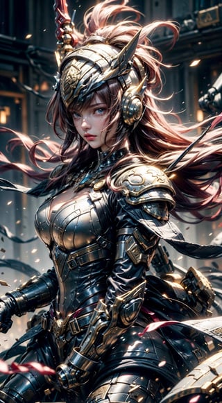 (8k), (masterpiece), (best quality),(extremely intricate), (realistic), (sharp focus), (award winning), (cinematic lighting), (extremely detailed),  fullbody,

A fierce and beautiful female warrior standing in a battlefield. She is wearing a full suit of armor, including a helmet, chest plate, and greaves. She is wielding a sword in one hand and a shield in the other. Her hair is flowing in the wind and she has a determined look on her face. The background is a chaotic battlefield with soldiers fighting and horses rearing.

,EpicSky,Isometric_Setting,