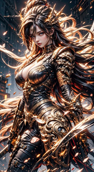 (8k), (masterpiece), (best quality),(extremely intricate), (realistic), (sharp focus), (award winning), (cinematic lighting), (extremely detailed),  fullbody,

A fierce and beautiful female warrior standing in a battlefield. She is wearing a full suit of armor, including a helmet, chest plate, and greaves. She is wielding a sword in one hand and a shield in the other. Her hair is flowing in the wind and she has a determined look on her face. The background is a chaotic battlefield with soldiers fighting and horses rearing.

,EpicSky,Isometric_Setting,huoshen