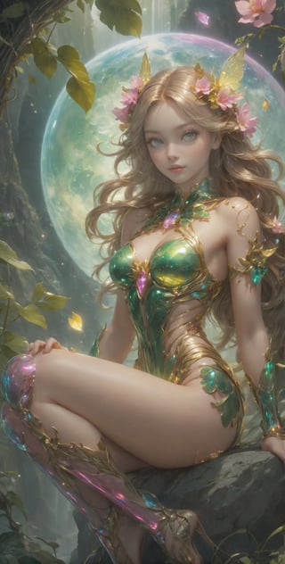  intricate image a beautiful glass fairy with her body resembling planet earth seated at a large rock, green foliage and pink and yellow fowery vines background, work of beauty and complexity, ultra detailed face and eyes, 8k UHD,  alberto seveso style, fantasy style ,cyborg style, glowing fractal glass elements , dynamic pose , amber glow, wide_hips and beautiful legs, flowercore, symetrical fullmoon, waterfall 
